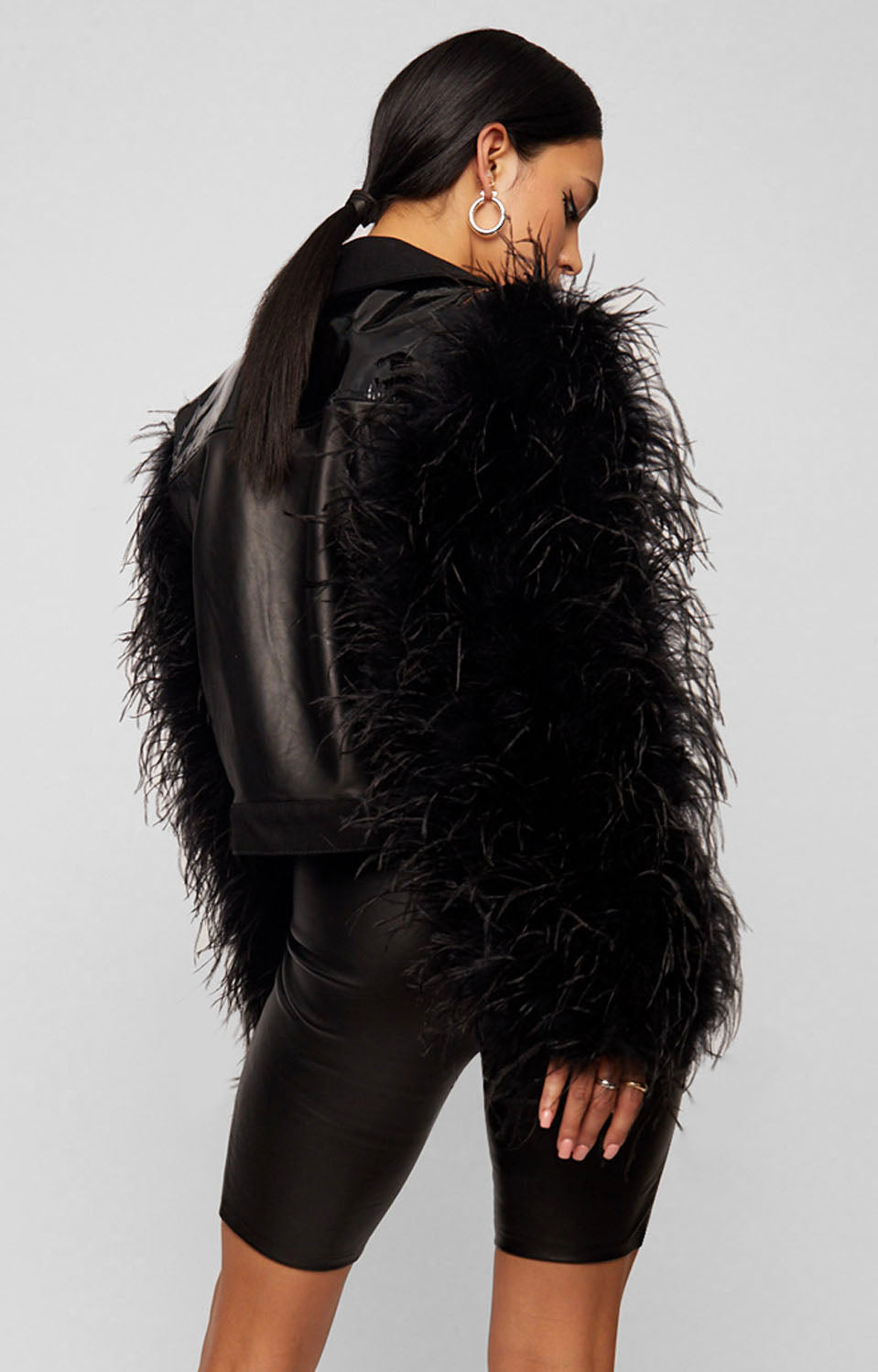 BLACK OSTRICH FEATHER SLEEVE LEATHER & DENIM JACKET