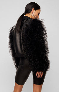 BLACK OSTRICH FEATHER SLEEVE LEATHER & DENIM JACKET