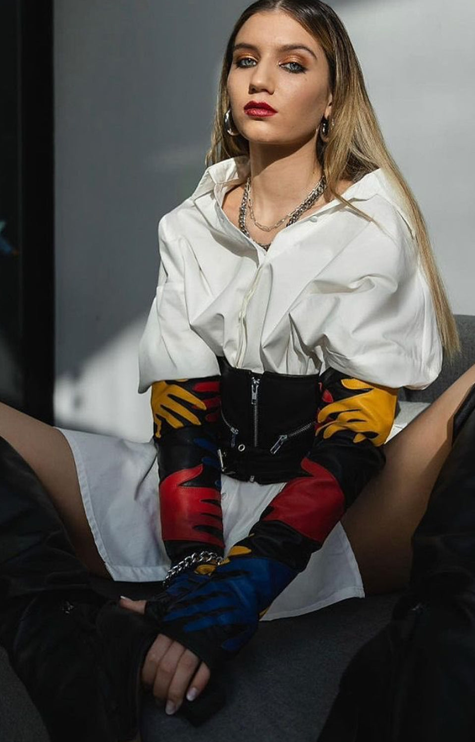 FINGERLESS LEATHER OPERA GLOVES WITH HANDS (As seen on Harley Quinn in Birds of Prey)