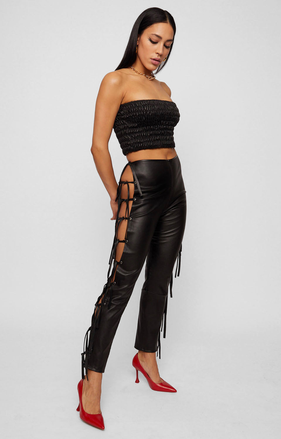 Front lace deals up leather pants